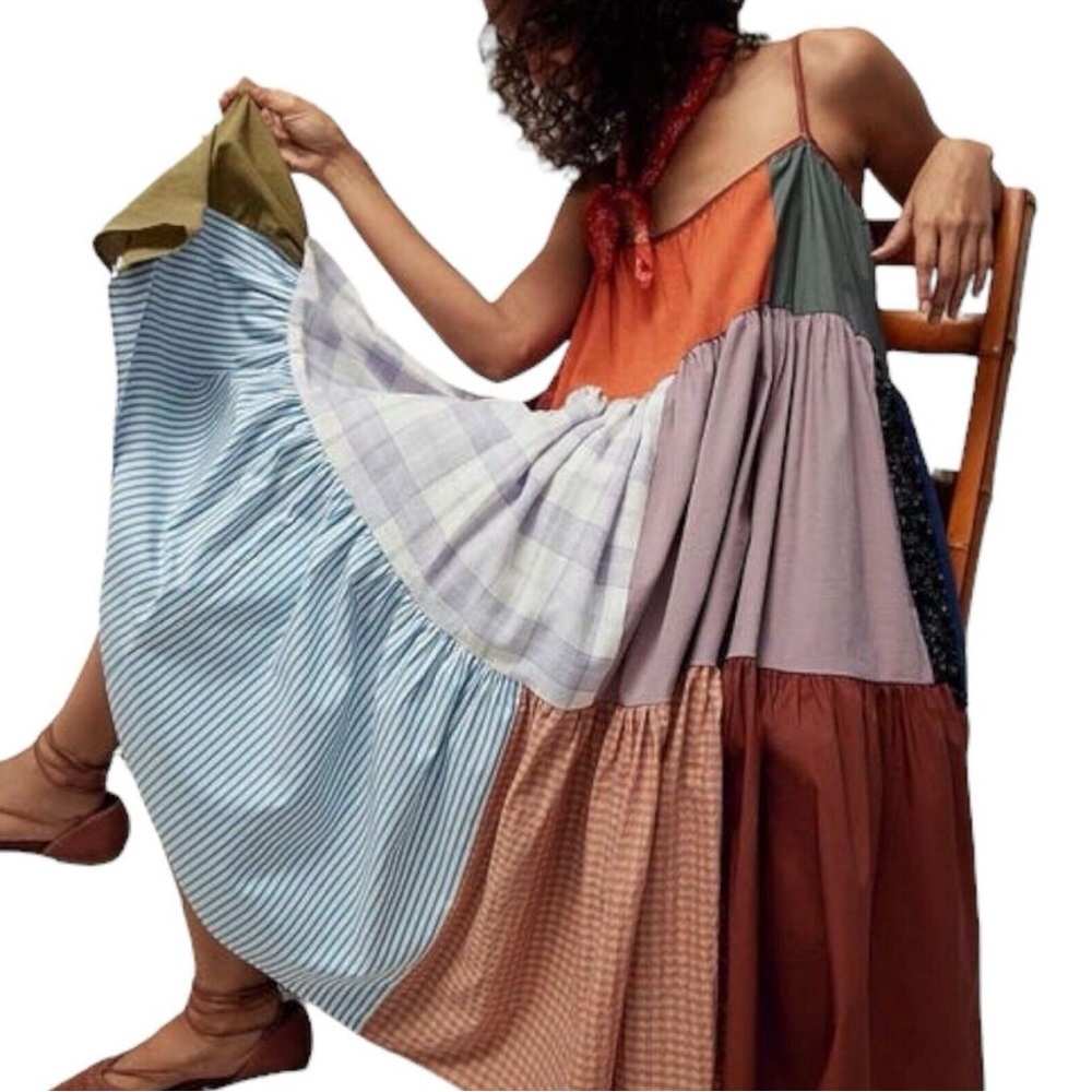 Madewell La Reunion Dress WMNS XS Upcycled Patchwork Cami Midi Swing Full
